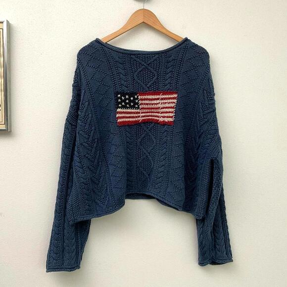 Polo Ralph Lauren Cotton Aran-Knit Flag Sweater blue cable knit